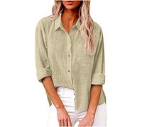 HAOLEI Chemise Femme Coton Et Lin Chemisier Col en V Bouton Manches Longues Tops Couleur Unie LâChe Respirant T-Shirts Grande Taille Pas Cher Casual Coton Lin Tunique Blouse
