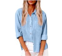 HAOLEI Chemise Femme Coton Et Lin Chemisier Col en V Bouton Manches Longues Tops Couleur Unie LâChe Respirant T-Shirts Grande Taille Pas Cher Casual Coton Lin Tunique Blouse avec Poche