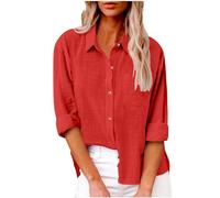 HAOLEI Chemise Femme Coton Et Lin Chemisier Col en V Bouton Manches Longues Tops Couleur Unie LâChe Respirant T-Shirts Grande Taille Pas Cher Casual Coton Lin Tunique Blouse