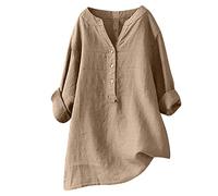 HAOLEI Chemise Femme Lin Chemisier Coton Et Lin pour Femmes Col en V Bouton Manches Longues Tops Couleur Unie LâChe Respirant T-Shirts Grande Taille Pas Casual Tunique Blouse