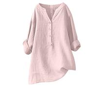 HAOLEI Chemise Lin Femme Chemisier Coton Et Lin pour Femmes Col en V Bouton Manches Longues Tops Couleur Unie LâChe Respirant T-Shirts Grande Taille Pas Casual Tunique Blouse