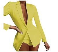 HAOLEI Ensemble Femme 2 PièCes Elegant Veste Formel Slim Fit Blazer Bureau Travail Pantalon Costumes Revers Manteau Ensemble de Couleur Unie Bouffantes Cardigan Blazer + Shorts Costume Travail