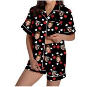 HAOLEI Ensemble Pyjama Personnalisé à Manches Courtes pour Femme, Deux Pièces avec Boutons Pyjamas Personnalisé avec Photo De Visage Vêtements de Nuit