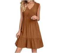 HAOLEI Femme Robe Boheme Chic Ete san Manches Elegant Col V Tunique Robe Ample A-Line Mi-Longue Dress Grande Taille DéContractéE Robes Unie Taille Haute Robes pour Soiree Mariage Plage