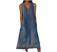 HAOLEI Femme Robe Longue Imprimé Floral Maxi Robe BohèMe avec Poches sans Manches Grande Taille éLéGante Et DéContractéE Robes D'éTé Col en V BoutonnéE Robes A-Line Casual Dress pour FêTe Mariage