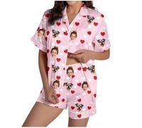 HAOLEI Pyjama Personnalisé avec Photo de Visage pour Hommes et Femmes, Pyjama Court Personnalisé, Loungewear Deux Pièces Vêtements de Nuit