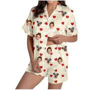 HAOLEI Pyjama personnalisé avec Photos Pyjamas personnalisé pour Femme Pyjama drôle Vêtements de Nuit pour Elle Vêtements de Nuit boutonnés pour Femmes Ensemble de Pyjamas col en V