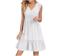 HAOLEI Robe Blanche Femme Boheme Chic Ete San Manches Elegant Col V Tunique Robe Ample A-Line Mi-Longue Dress Grande Taille DéContractéE Robes Unie Taille Haute Robes pour Soiree Mariage Plage