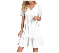 HAOLEI Robe De Soiree Femme Chic Elegant Col V Manches Courtes éTé BohèMe Tunique Robe Ample A-Line Mi-Longue Dress Grande Taille DéContractéE Robes Unie Taille Haute Robes pour FêTer Vacances Plage