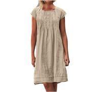 HAOLEI Robe D'éTé en Lin pour Femme Chic Couleur Unie A-Line Manches Courtes Robe De Plage ÈLéGante PlisséE BohèMe Midi Robes LâChe Grande Taille Robes Vintage Casual Cocktail Party SoiréE Dress