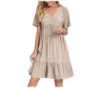 HAOLEI Robe Ete Femme Chic Elegant Col V Manches Courtes BohèMe Tunique Robe Ample A-Line Mi-Longue Dress Grande Taille DéContractéE Robes Couleur Unie Taille Haute Robes pour FêTer Vacances Plage
