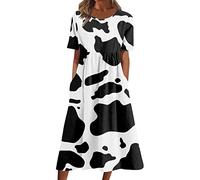 HAOLEI Robe Ete Femme Chic ÉLéGante Manches Courtes Col en Rond Mi-Longues Robe avec Poches Imprimé Fleurie Boheme Robes éLasticité Casual Robes De SoiréE Grande Taille Dress S-XXL