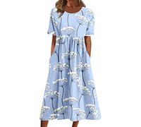 HAOLEI Robe Ete Femme Chic ÉLéGante Manches Courtes Col en Rond Mi-Longues Robe avec Poches Imprimé Fleurie Boheme Robes éLasticité Casual Robes De SoiréE Grande Taille Dress S-XXL