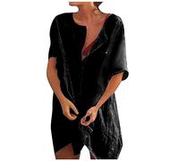 HAOLEI Robe Ete Femme éLéGante Et DéContractéE Robe D'éTé Col en V BoutonnéE Manches Courtes Mi-Longues Robes Couleur Unie LâChe Robes Grande Taille Ample Tunique Casual T-Shirt Dress S-2Xl