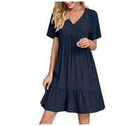 HAOLEI Robe Femme Chic Col V Manches Courtes éTé BohèMe Tunique Robe Ample A-Line Mi-Longue Dress Grande Taille DéContractéE Robes Couleur Unie Taille Haute Robes pour FêTer Vacances Plage