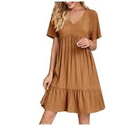 HAOLEI Robe Femme Chic Et Elegant Col V Manches Courtes éTé BohèMe Tunique Robe Ample A-Line Mi-Longue Dress Grande Taille DéContractéE Robes Couleur Unie Taille Haute Robes pour FêTer Vacances Plage