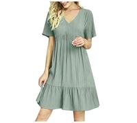 HAOLEI Robe Femme Chic Et Elegant Col V Manches Courtes éTé BohèMe Tunique Robe Ample A-Line Mi-Longue Dress Grande Taille DéContractéE Robes Couleur Unie Taille Haute Robes pour FêTer Vacances Plage