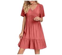 HAOLEI Robe Femme Chic Et Elegant Col V Manches Courtes éTé BohèMe Tunique Robe Ample A-Line Mi-Longue Dress Grande Taille DéContractéE Robes Couleur Unie Taille Haute Robes pour FêTer Vacances Plage