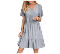 HAOLEI Robe Femme Chic Et Elegant Col V Manches Courtes éTé BohèMe Tunique Robe Ample A-Line Mi-Longue Dress Grande Taille DéContractéE Robes Couleur Unie Taille Haute Robes pour FêTer Vacances Plage