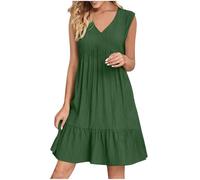 HAOLEI Robe Femme Chic Et Elegant Col V san Manches éTé BohèMe Tunique Robe Ample A-Line Mi-Longue Dress Grande Taille DéContractéE Robes Couleur Unie Taille Haute Robes pour FêTer Vacances Plage