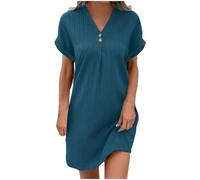 HAOLEI Robe Femme Chic Et Elegant Manches Courtes Coton Lin Robes avec Boutons Col V Robe Ample Casuel Couleur Unie Robes De Plage Grandes Tailles Boheme Dress pour FêTe Vacances Soiree MariéE