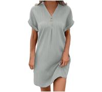 HAOLEI Robe Femme Chic Et Elegant Manches Courtes Coton Lin Robes avec Boutons Col V Robe Ample Casuel Couleur Unie Robes De Plage Grandes Tailles Boheme Dress pour FêTe Vacances Soiree MariéE