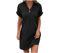 HAOLEI Robe Femme Chic Et Elegant Manches Courtes Coton Lin Robes avec Boutons Col V Robe Ample Casuel Couleur Unie Robes De Plage Grandes Tailles Boheme Dress pour FêTe Vacances Soiree MariéE