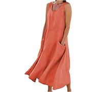 HAOLEI Robe Femme Cotton en Line Col en V sans Manches avec Poches Robes ÉTé Pas Cher Grande Taille Maxi Robe LâChe Couleur Unie BohèMe Mi-Longue Dress pour FêTer Vacances Plage SoiréE Mariage