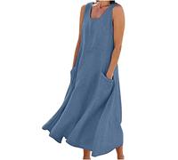 HAOLEI Robe Femme Cotton en Line Col en V sans Manches avec Poches Robes ÉTé Pas Cher Grande Taille Maxi Robe LâChe Couleur Unie BohèMe Mi-Longue Dress pour FêTer Vacances Plage SoiréE Mariage