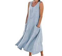 HAOLEI Robe Femme Cotton en Line Col en V sans Manches avec Poches Robes ÉTé Pas Cher Grande Taille Maxi Robe LâChe Couleur Unie BohèMe Mi-Longue Dress pour FêTer Vacances Plage SoiréE Mariage