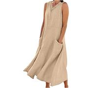 HAOLEI Robe Femme Cotton en Line Col en V sans Manches avec Poches Robes ÉTé Pas Cher Grande Taille Maxi Robe LâChe Couleur Unie BohèMe Mi-Longue Dress pour FêTer Vacances Plage SoiréE Mariage