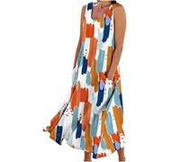 HAOLEI Robe Femme Cotton en Line Col en V sans Manches avec Poches Robes ÉTé Pas Cher Grande Taille Maxi Robe LâChe Couleur Unie BohèMe Mi-Longue Dress pour FêTer Vacances Plage SoiréE Mariage