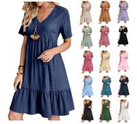 HAOLEI Robe Femme Ete Col V Manches Courtes Chic Elegant BohèMe Tunique Robe Ample A-Line Mi-Longue Dress Grande Taille DéContractéE Robes Unie Taille Haute Robes pour FêTer Vacances Plage