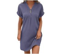 HAOLEI Robe Femme Ete Lin Coton Tunique Robe Manches Courtes Ample Casuel Couleur Unie Robes avec Boutons Col V Chic Elegant Robes De Plage Pas Cher Grandes Tailles Dress pour FêTe Vacances