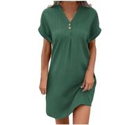 HAOLEI Robe Femme Ete Lin Coton Tunique Robe Manches Courtes Ample Casuel Couleur Unie Robes avec Boutons Col V Chic Elegant Robes De Plage Pas Cher Grandes Tailles Dress pour FêTe Vacances