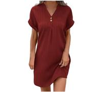 HAOLEI Robe Femme Ete Lin Coton Tunique Robe Manches Courtes Ample Casuel Couleur Unie Robes avec Boutons Col V Chic Elegant Robes De Plage Pas Cher Grandes Tailles Dress pour FêTe Vacances