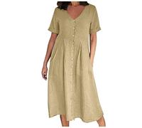 HAOLEI Robe Longue Femme Chic Et Elegant Robe Coton Lin à Manches Courtes Robes Couleur Unie BohèMe Mi-Longue Dress Grande Taille RéTro Boutonnée Robes pour FêTer Vacances Cocktail Party SoiréE