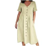 HAOLEI Robe Longue Femme Chic Et Elegant Robe Coton Lin à Manches Courtes Robes Couleur Unie BohèMe Mi-Longue Dress Grande Taille RéTro Boutonnée Robes pour FêTer Vacances Cocktail Party SoiréE