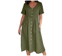 HAOLEI Robe Longue Femme Chic Et Elegant Robe Coton Lin à Manches Courtes Robes Couleur Unie BohèMe Mi-Longue Dress Grande Taille RéTro Boutonnée Robes pour FêTer Vacances Cocktail Party SoiréE