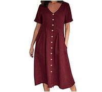 HAOLEI Robe Longue Femme Chic Et Elegant Robe Coton Lin à Manches Courtes Robes Couleur Unie BohèMe Mi-Longue Dress Grande Taille RéTro Boutonnée Robes pour FêTer Vacances Cocktail Party SoiréE