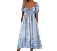 HAOLEI Robe Longue Femme Chic Et Elegant Robe Ete Boheme Maxi Robes Col V BoutonnéE Manches Courtes Dress avec Poches Imprimé Grandes Tailles Robes pour SoiréE Mariage FêTe Cocktail Plage