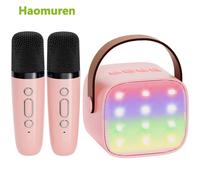 Haomuren Mini Machine De Karaoké Portable Bluetooth 5.3 Haut-Parleur Pa Avec 2 Microphones Sans Fil Pour La Maison Famille Chant Cadeau K12.Pink 2 Mics.