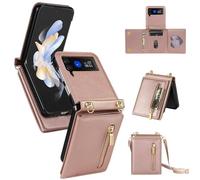 HAONANDE Coque Cuir pour Samsung Galaxy Z Flip3 avec Cordon, Étui Portefeuille Rabat Anti-Choc pour Femme avec Bandoulière, Porte Cartes, Pochette Zippée,Support, Housse Collier Sangle Rose