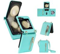 HAONANDE Coque Cuir pour Samsung Galaxy Z Flip7 avec Cordon, Étui Portefeuille Rabat Anti-Choc pour Femme avec Bandoulière, Porte Cartes, Pochette Zippée,Support, Housse Collier Sangle Vert