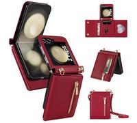 HAONANDE Coque Cuir pour Samsung Galaxy Z Flip7 avec Cordon, Étui Portefeuille Rabat Anti-Choc pour Femme avec Bandoulière, Porte Cartes, Pochette Zippée,Support, Housse Collier Sangle Rouge