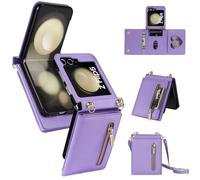 HAONANDE Coque Cuir pour Samsung Galaxy Z Flip7 avec Cordon, Étui Portefeuille Rabat Anti-Choc pour Femme avec Bandoulière, Porte Cartes, Pochette Zippée,Support, Housse Collier Sangle Violet