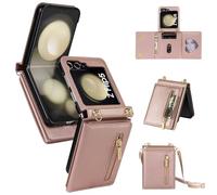 HAONANDE Coque Cuir pour Samsung Galaxy Z Flip7 avec Cordon, Étui Portefeuille Rabat Anti-Choc pour Femme avec Bandoulière, Porte Cartes, Pochette Zippée,Support, Housse Collier Sangle Rose