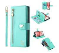 HAONANDE Coque Motif Coeur pour OnePlus 13, Étui à Rabat en Cuir Flip Portefeuille Aesthetic Case Filles Housse Magnétique Fentes de Cartes Béquille dragonne Cyan