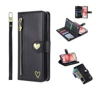 HAONANDE Coque Motif Coeur pour Oppo Find X3 Lite/Reno 5 5G/Reno 5K, Étui à Rabat en Cuir Flip Portefeuille Aesthetic Case Filles Housse Magnétique Fentes de Cartes Béquille dragonne Noir