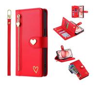 HAONANDE Coque Motif Coeur pour Samsung Galaxy A34 5G, Étui à Rabat en Cuir Flip Portefeuille Aesthetic Case Filles Housse Magnétique Fentes de Cartes Béquille dragonne Rouge